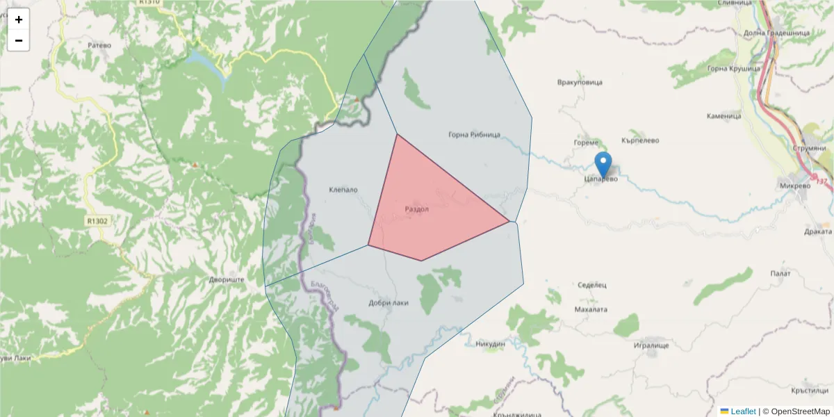 Карта на пощенски код  и съседните пощенски кодове в България