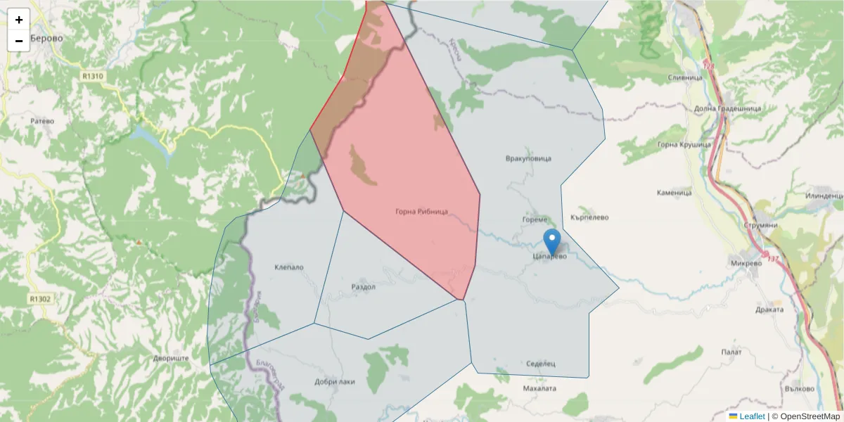 Карта на пощенски код  и съседните пощенски кодове в България