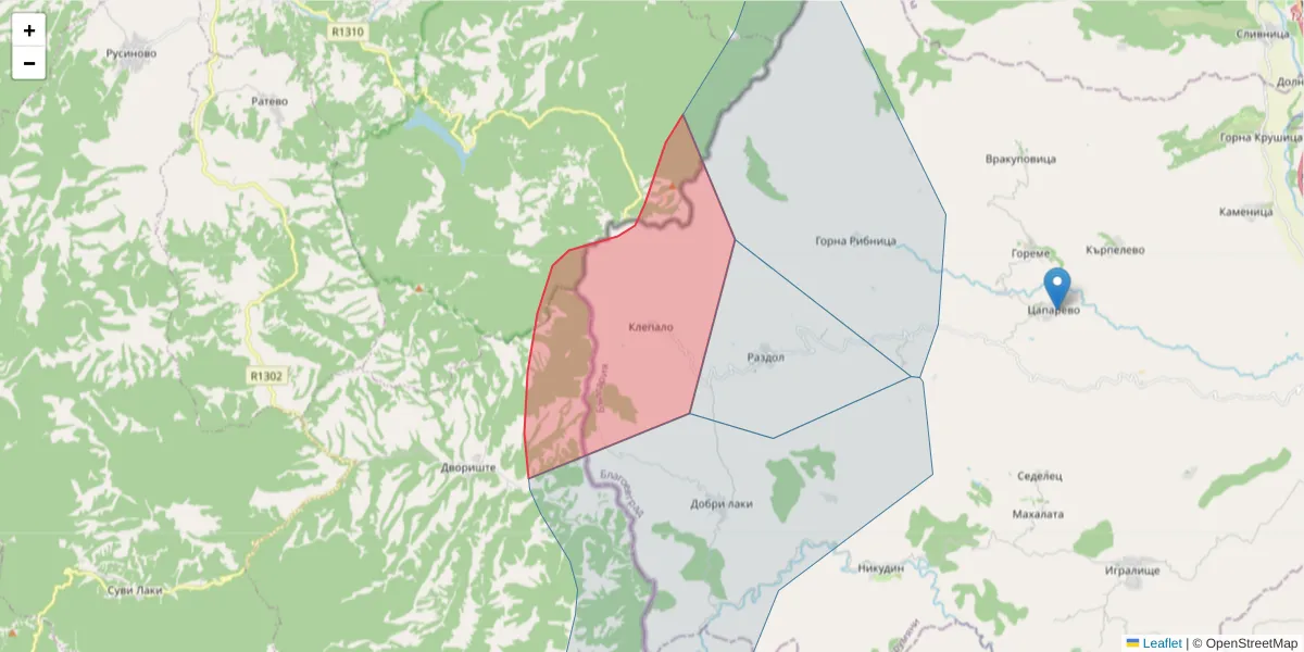 Карта на пощенски код  и съседните пощенски кодове в България