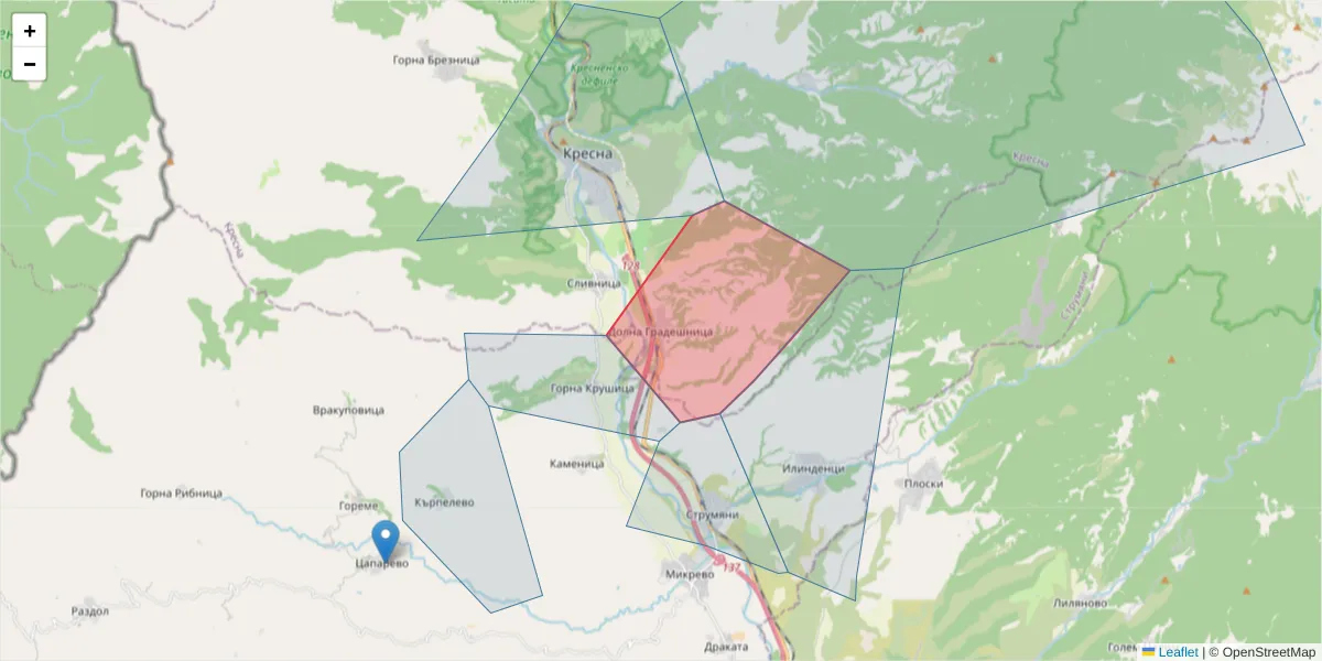 Карта на пощенски код  и съседните пощенски кодове в България