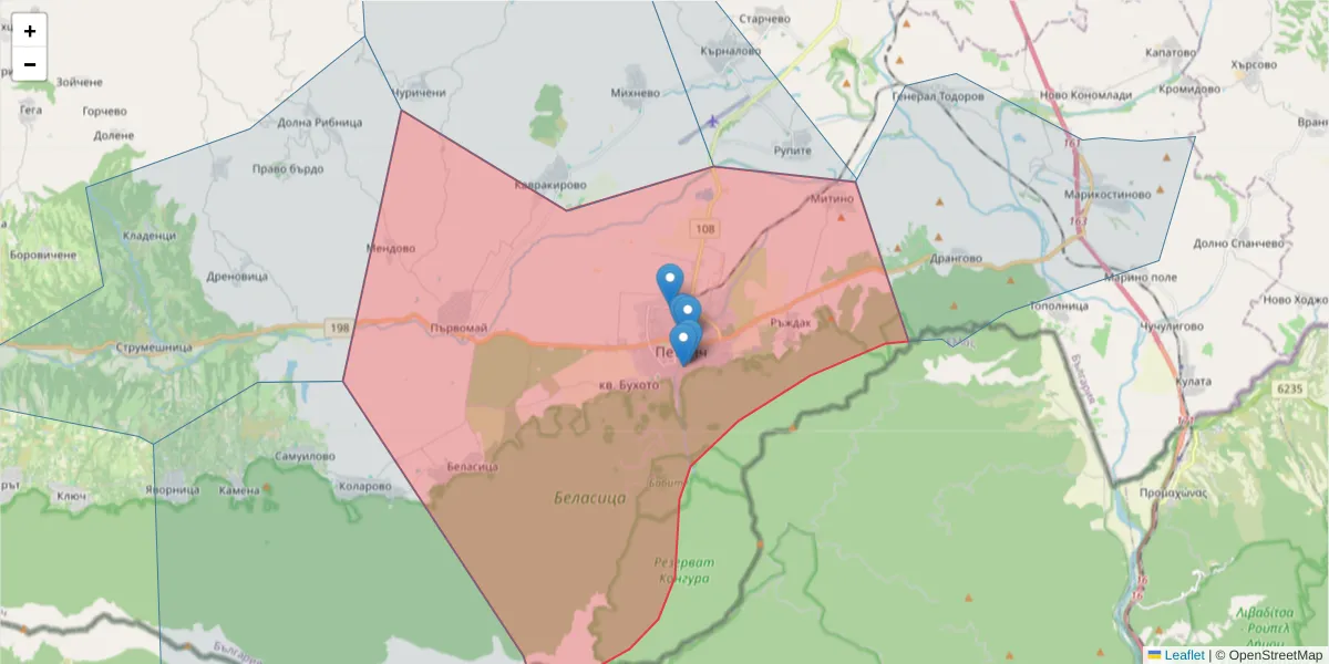 Карта на пощенски код  и съседните пощенски кодове в България