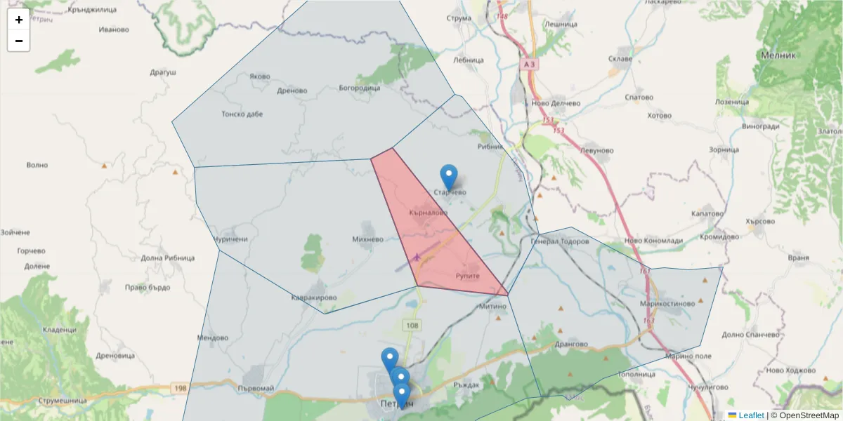 Карта на пощенски код  и съседните пощенски кодове в България