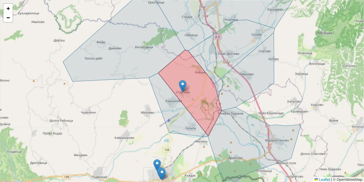 Карта на пощенски код  и съседните пощенски кодове в България