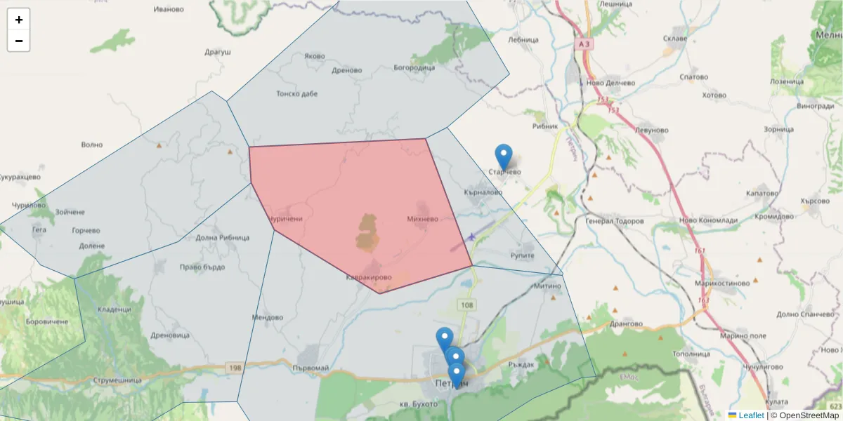 Карта на пощенски код  и съседните пощенски кодове в България