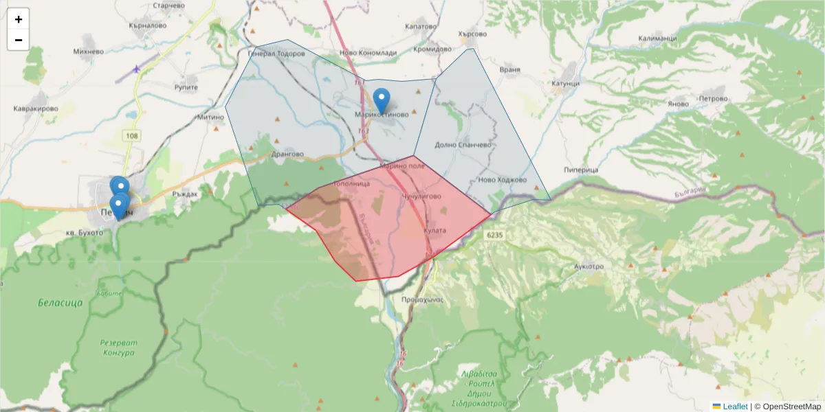 Карта на пощенски код  и съседните пощенски кодове в България