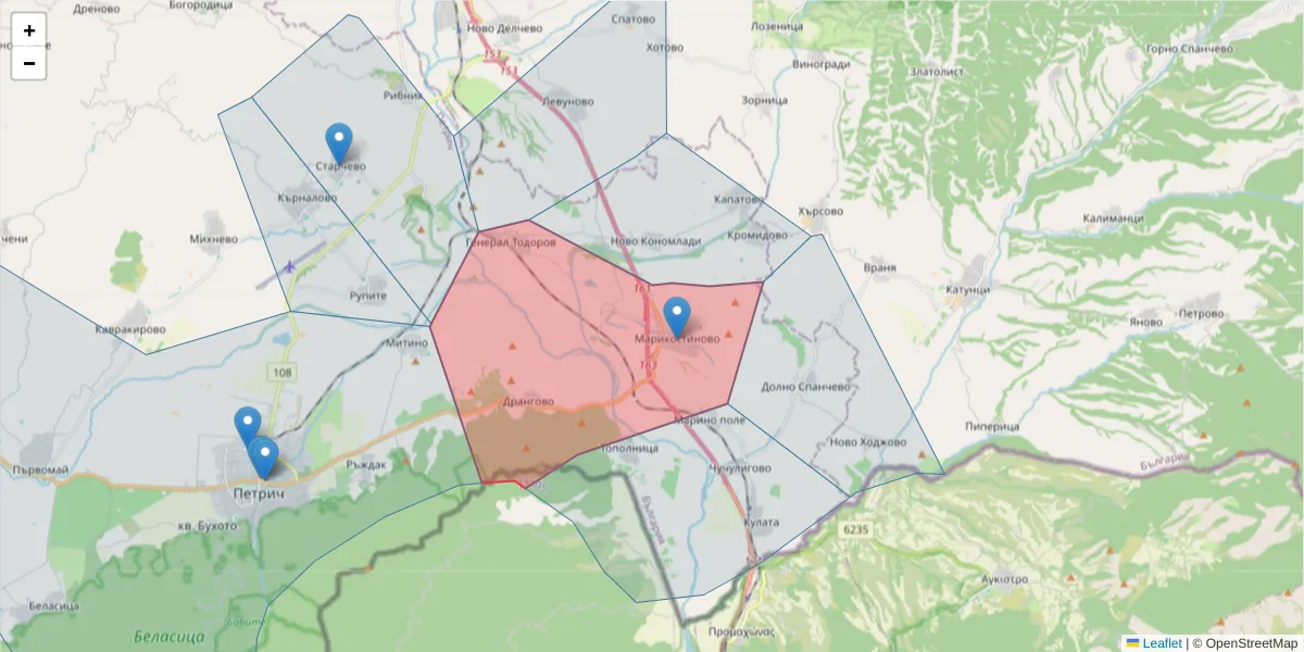 Карта на пощенски код  и съседните пощенски кодове в България