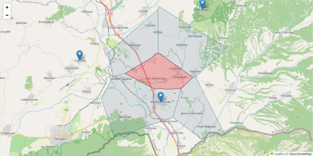 Карта на пощенски код  и съседните пощенски кодове в България