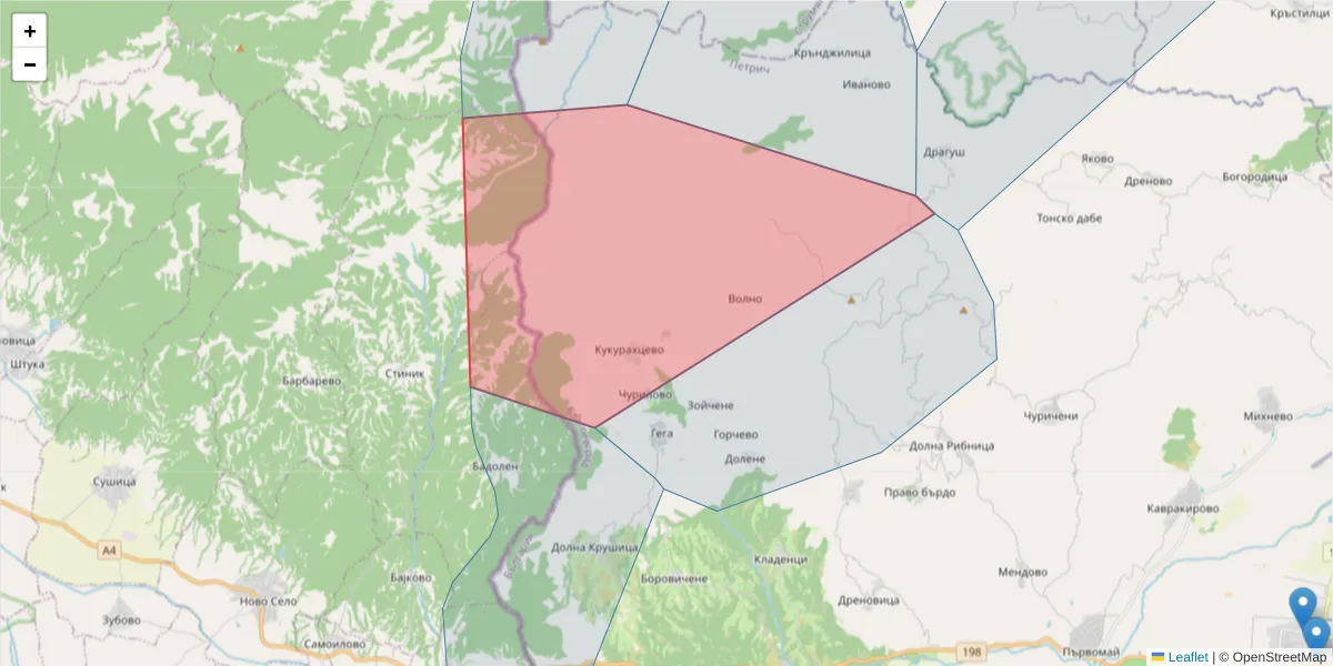 Карта на пощенски код  и съседните пощенски кодове в България