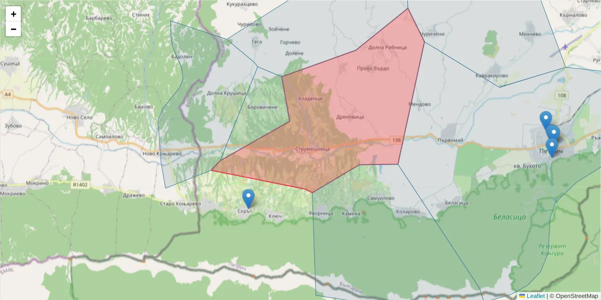 Карта на пощенски код  и съседните пощенски кодове в България