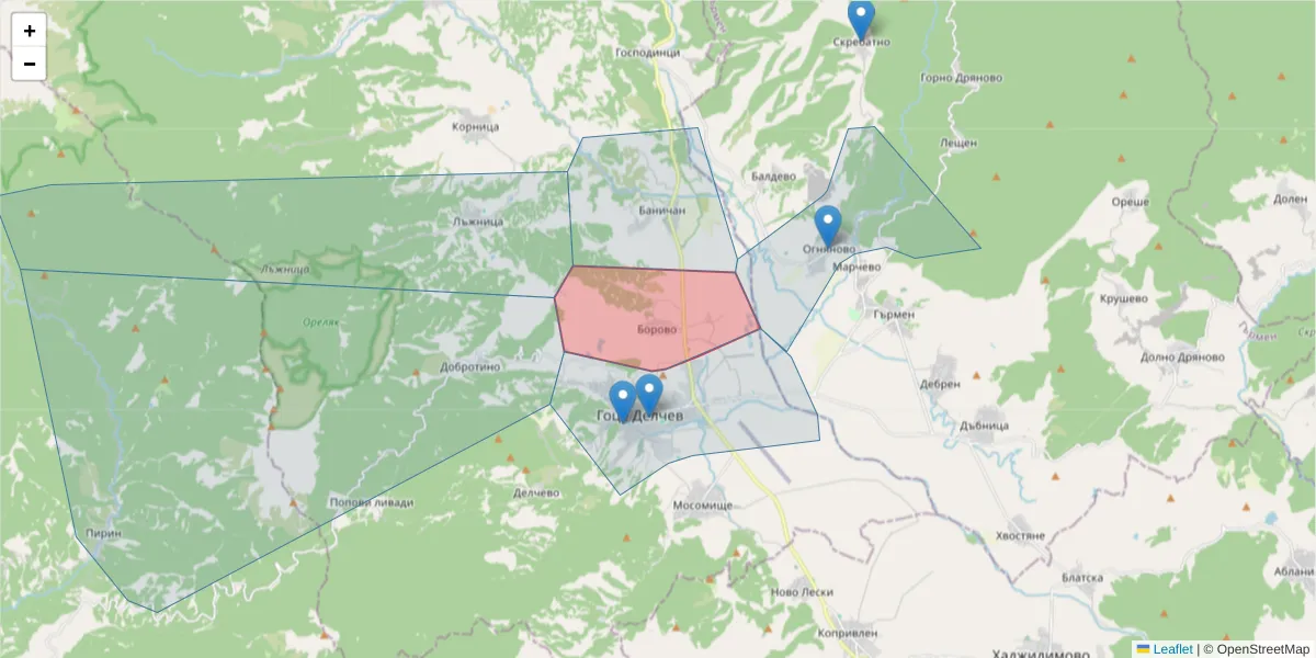 Карта на пощенски код  и съседните пощенски кодове в България