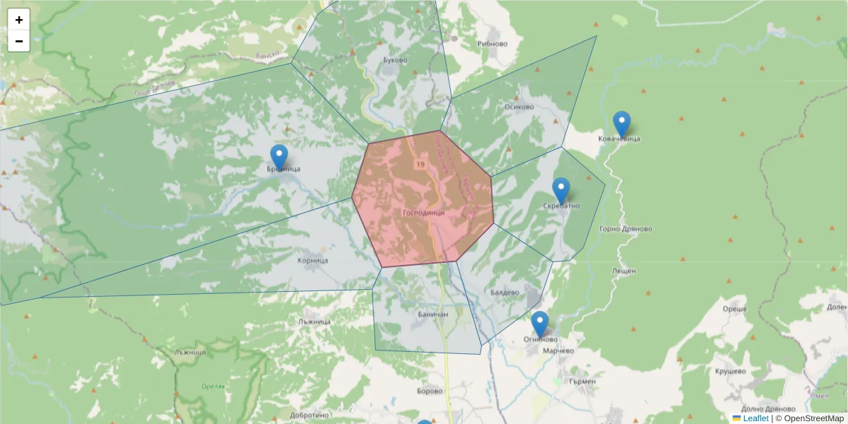 Карта на пощенски код  и съседните пощенски кодове в България