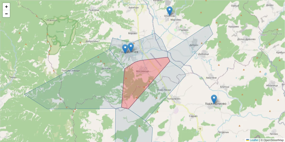 Карта на пощенски код  и съседните пощенски кодове в България