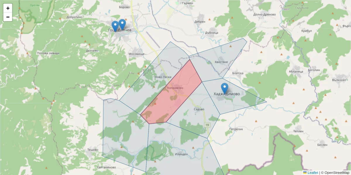 Карта на пощенски код  и съседните пощенски кодове в България