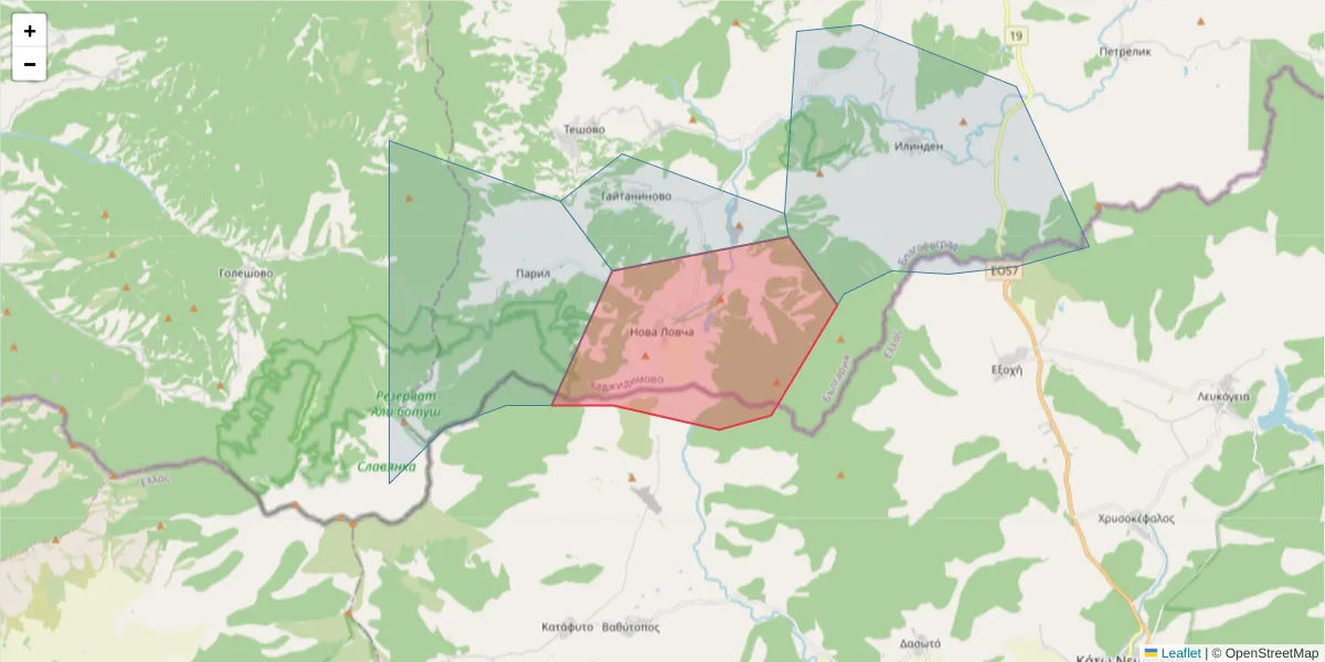 Карта на пощенски код  и съседните пощенски кодове в България
