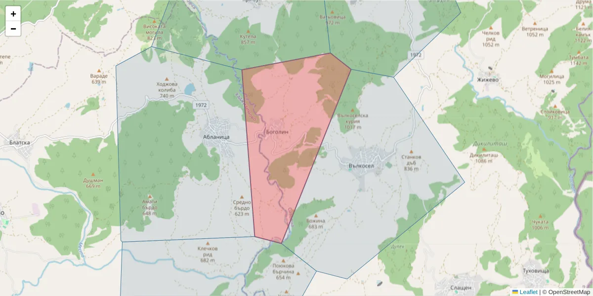 Карта на пощенски код  и съседните пощенски кодове в България