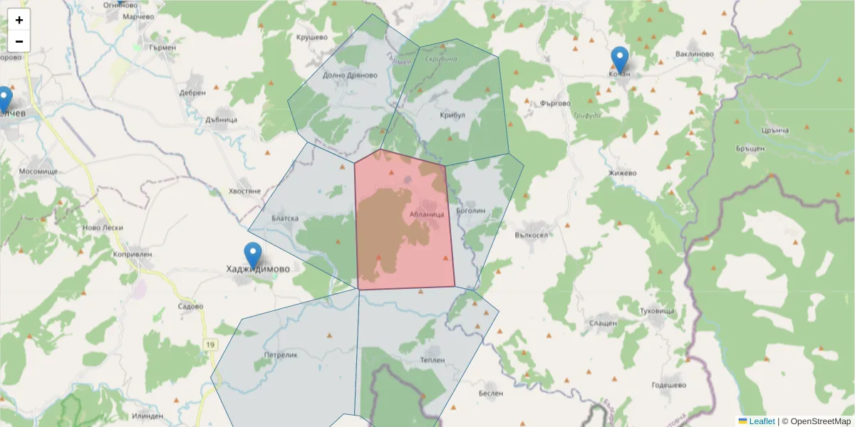Карта на пощенски код  и съседните пощенски кодове в България
