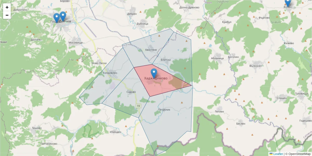 Карта на пощенски код  и съседните пощенски кодове в България
