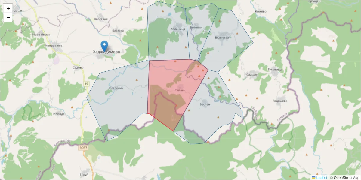 Карта на пощенски код  и съседните пощенски кодове в България