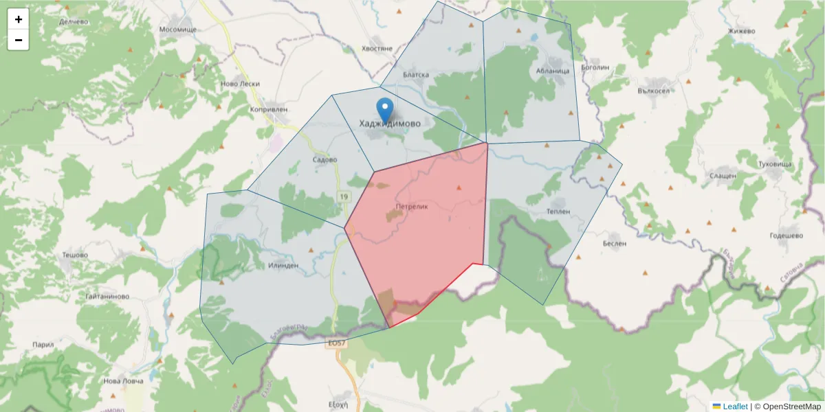 Карта на пощенски код  и съседните пощенски кодове в България