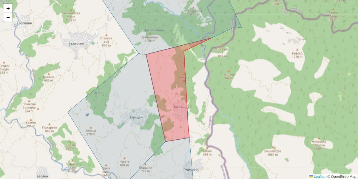 Карта на пощенски код  и съседните пощенски кодове в България