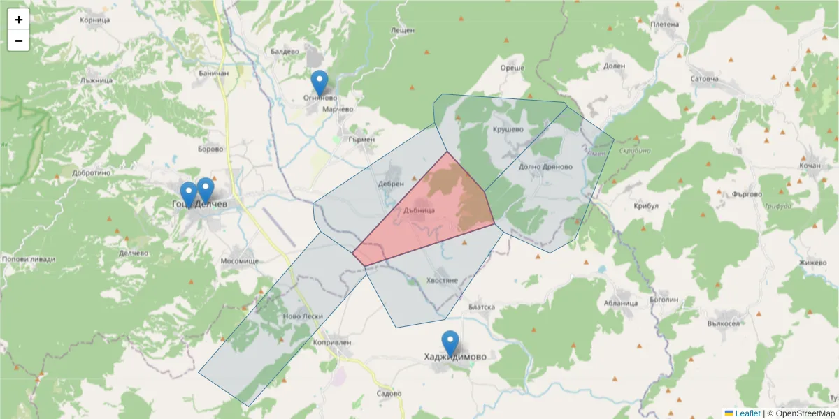 Карта на пощенски код  и съседните пощенски кодове в България