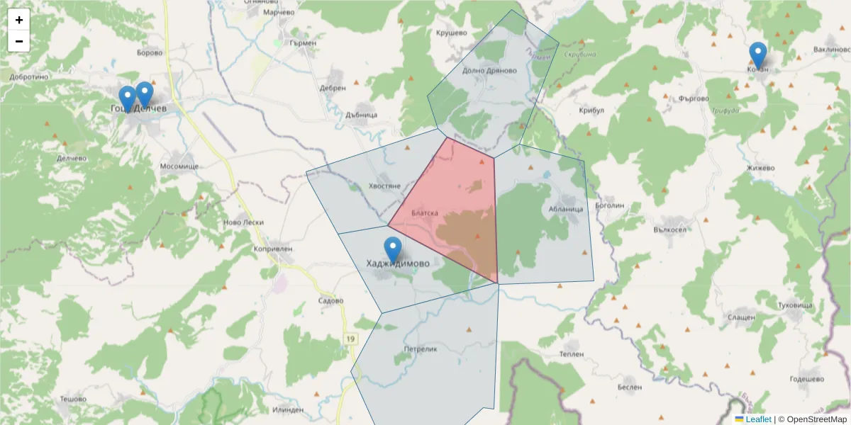 Карта на пощенски код  и съседните пощенски кодове в България