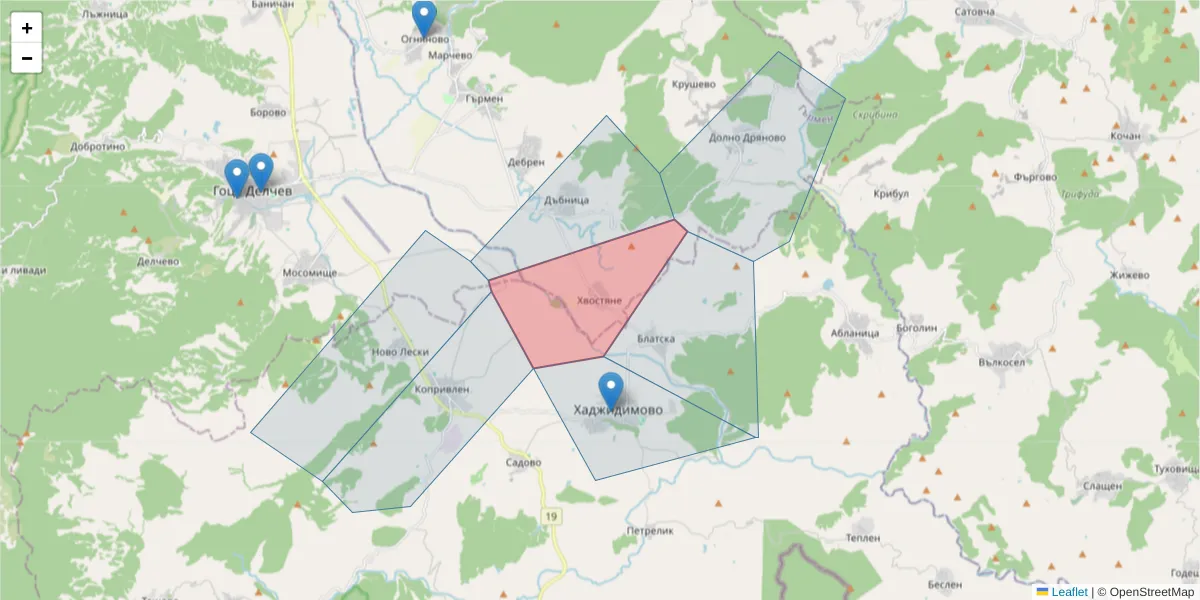 Карта на пощенски код  и съседните пощенски кодове в България