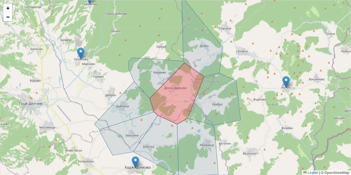 Карта на пощенски код  и съседните пощенски кодове в България