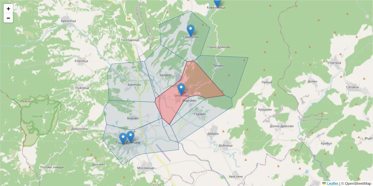 Карта на пощенски код  и съседните пощенски кодове в България