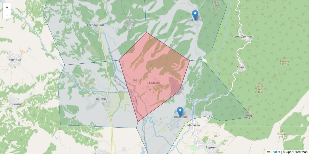 Карта на пощенски код  и съседните пощенски кодове в България