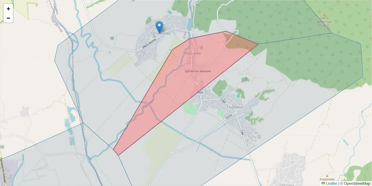Карта на пощенски код  и съседните пощенски кодове в България