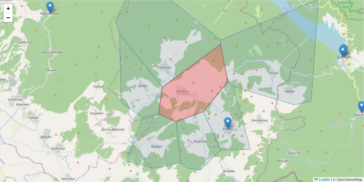 Карта на пощенски код  и съседните пощенски кодове в България