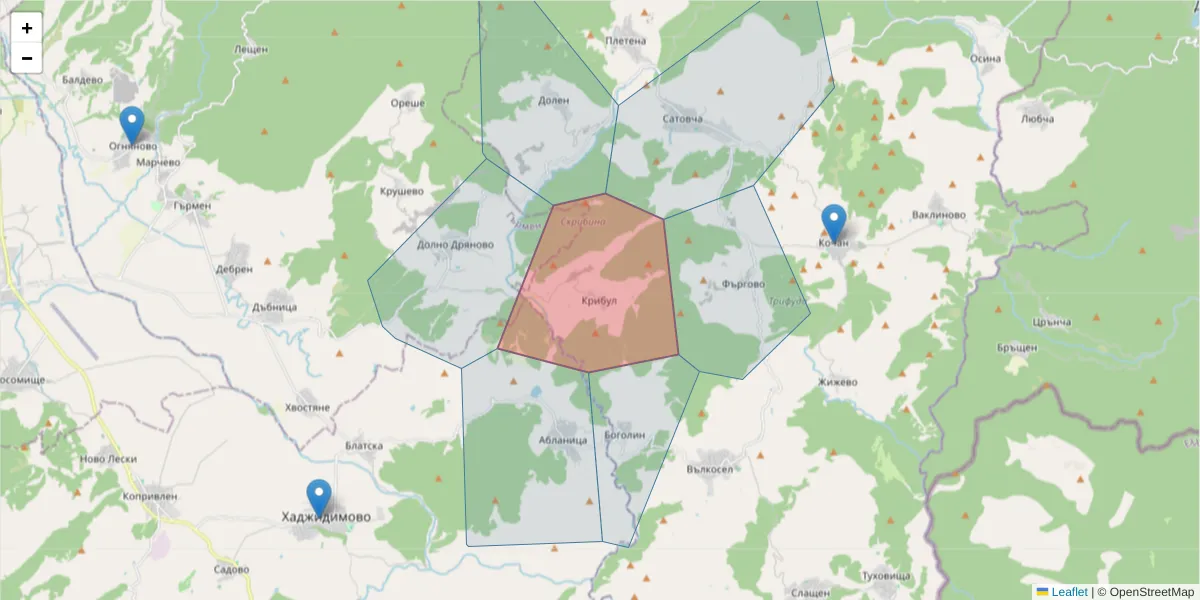 Карта на пощенски код  и съседните пощенски кодове в България