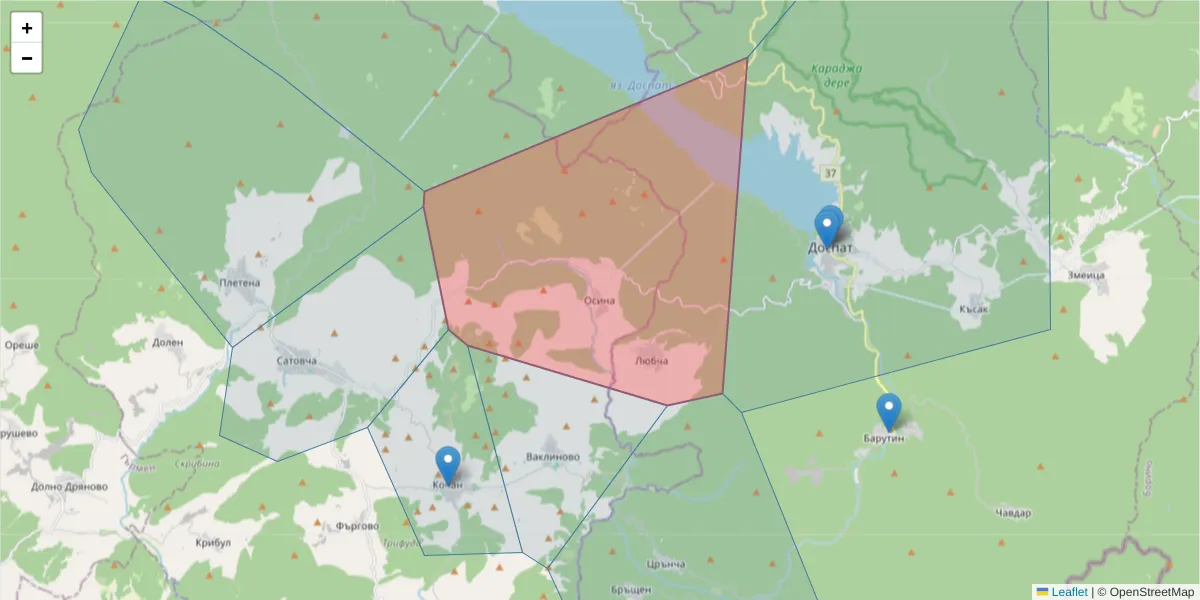 Карта на пощенски код  и съседните пощенски кодове в България
