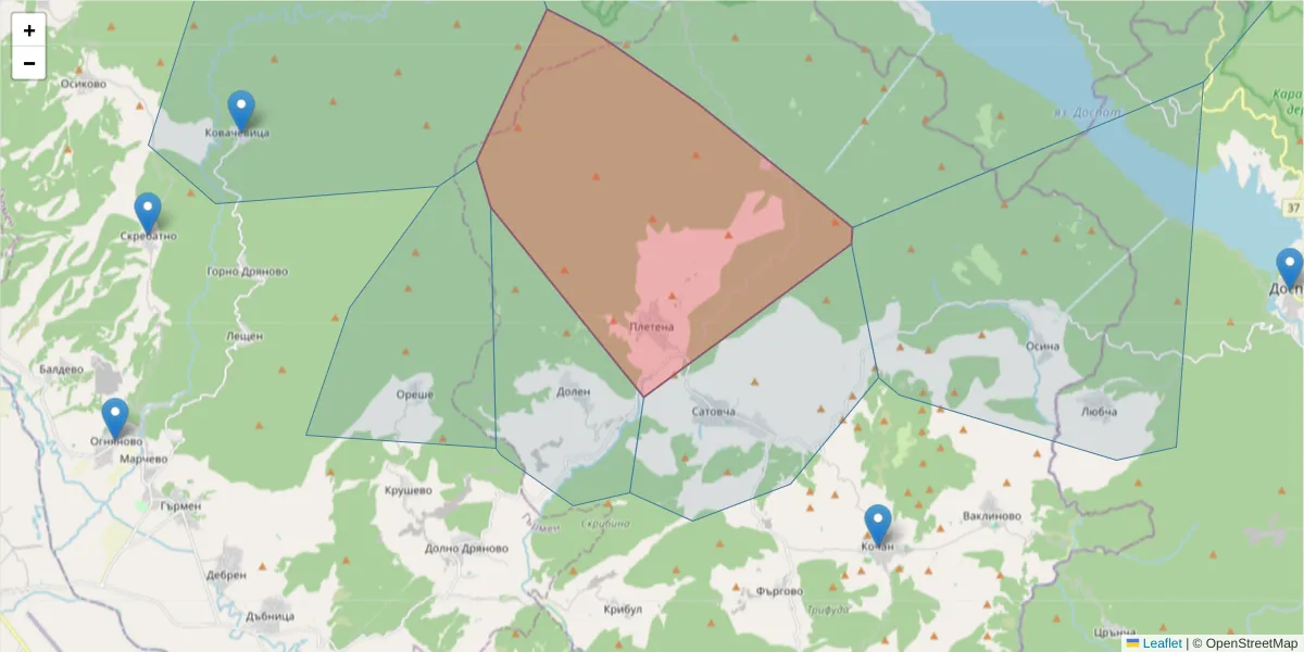 Карта на пощенски код  и съседните пощенски кодове в България