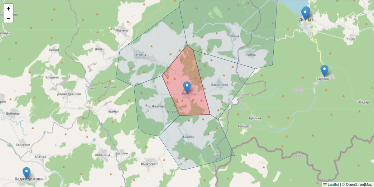 Карта на пощенски код  и съседните пощенски кодове в България