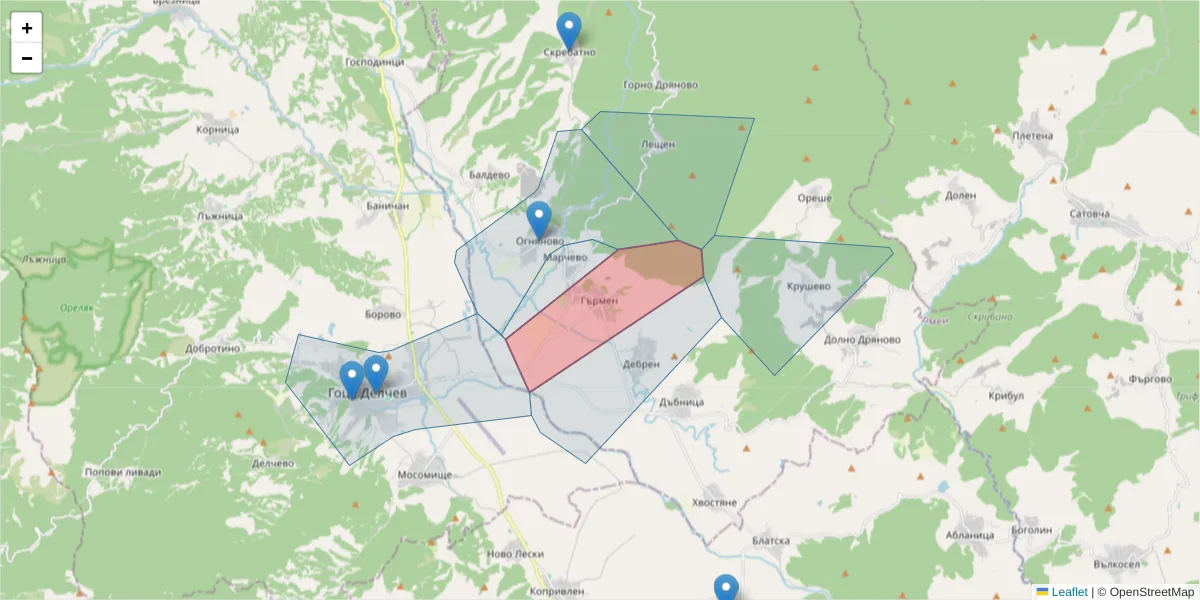 Карта на пощенски код  и съседните пощенски кодове в България