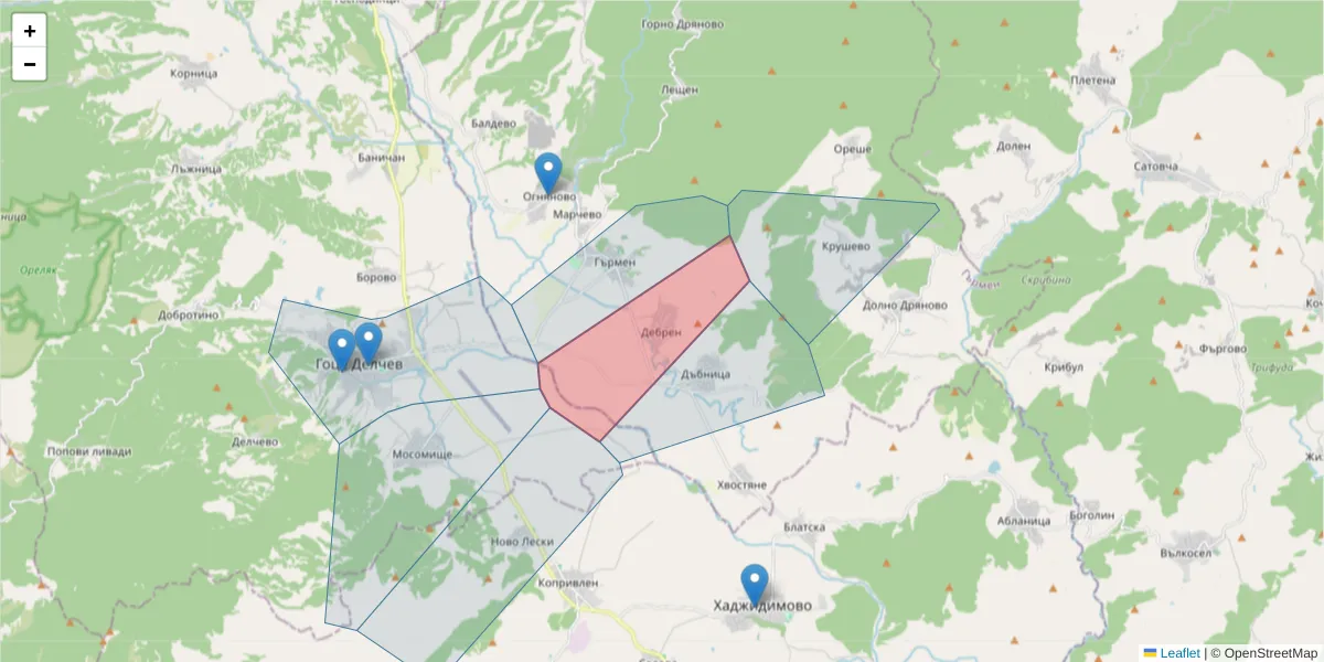 Карта на пощенски код  и съседните пощенски кодове в България