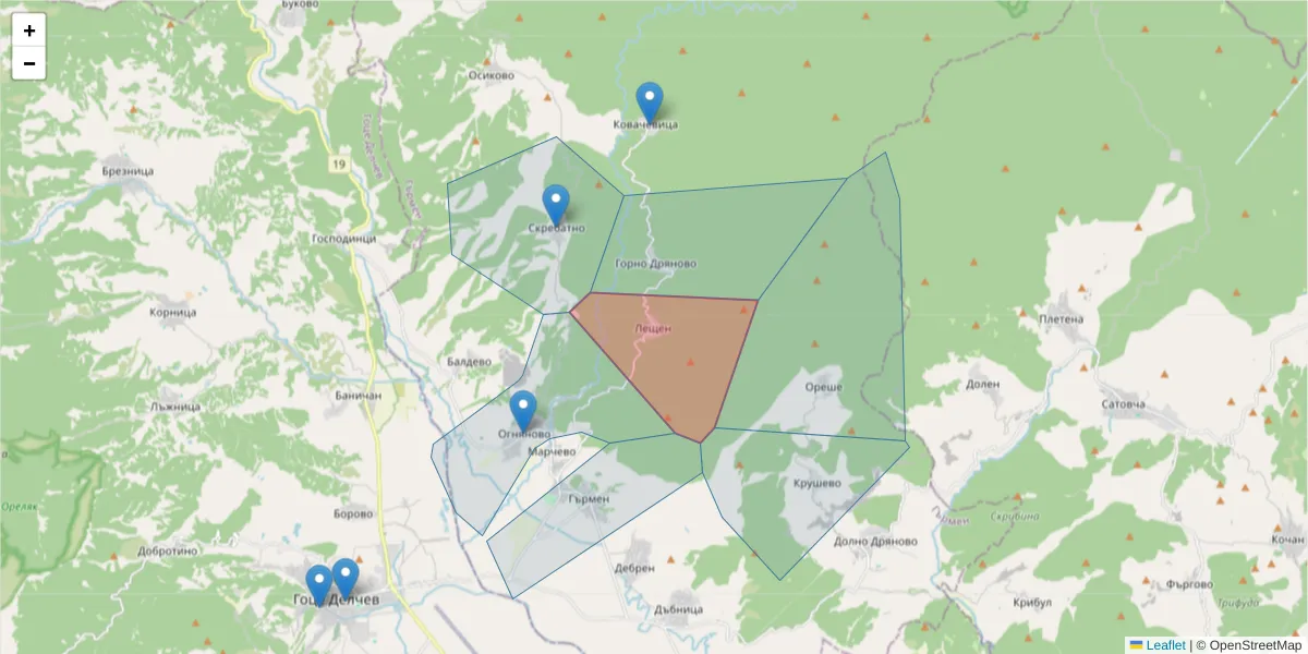 Карта на пощенски код  и съседните пощенски кодове в България