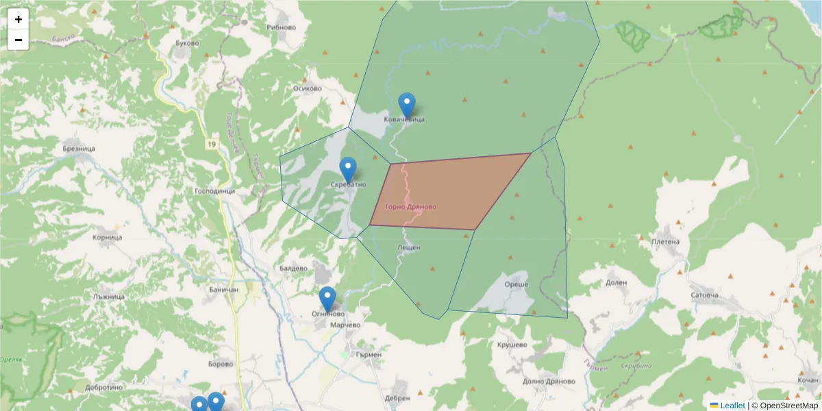 Карта на пощенски код  и съседните пощенски кодове в България