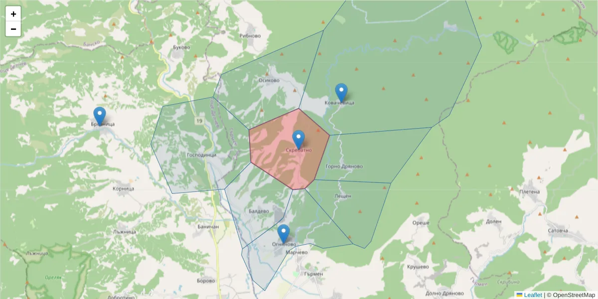 Карта на пощенски код  и съседните пощенски кодове в България