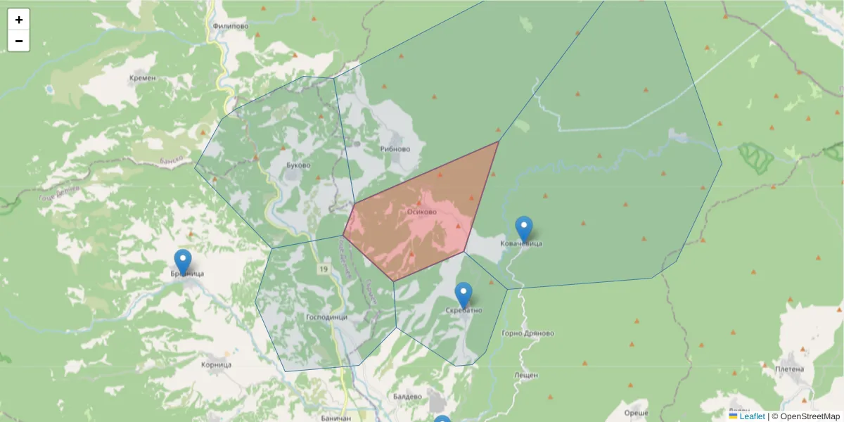 Карта на пощенски код  и съседните пощенски кодове в България