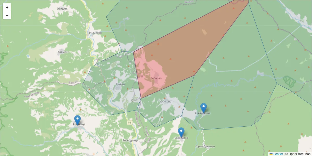 Карта на пощенски код  и съседните пощенски кодове в България