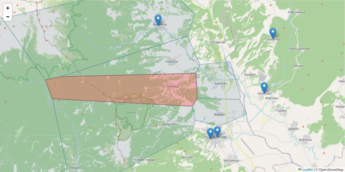 Карта на пощенски код  и съседните пощенски кодове в България
