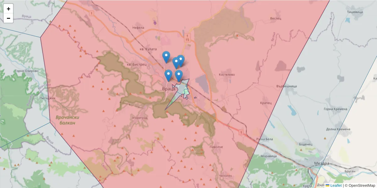 Карта на пощенски код  и съседните пощенски кодове в България