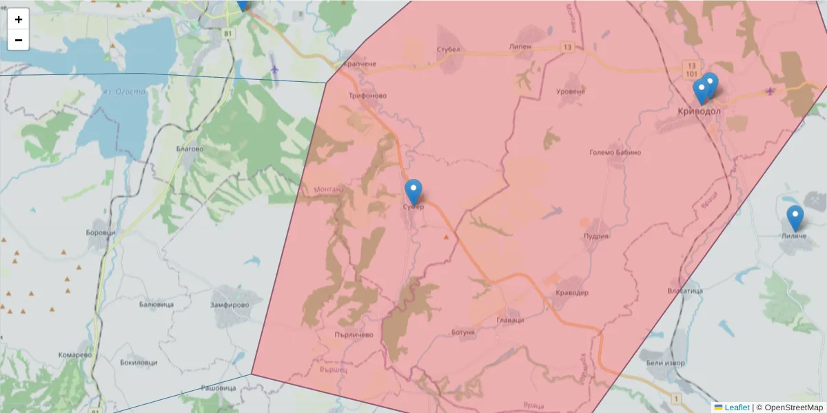 Карта на пощенски код  и съседните пощенски кодове в България