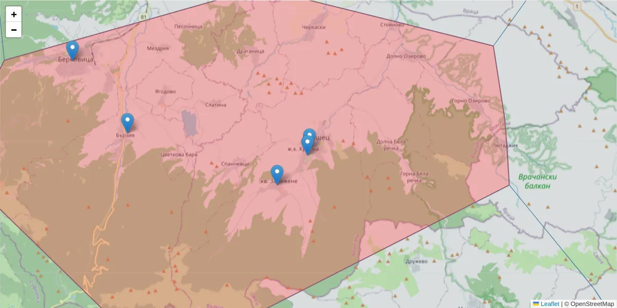 Карта на пощенски код  и съседните пощенски кодове в България