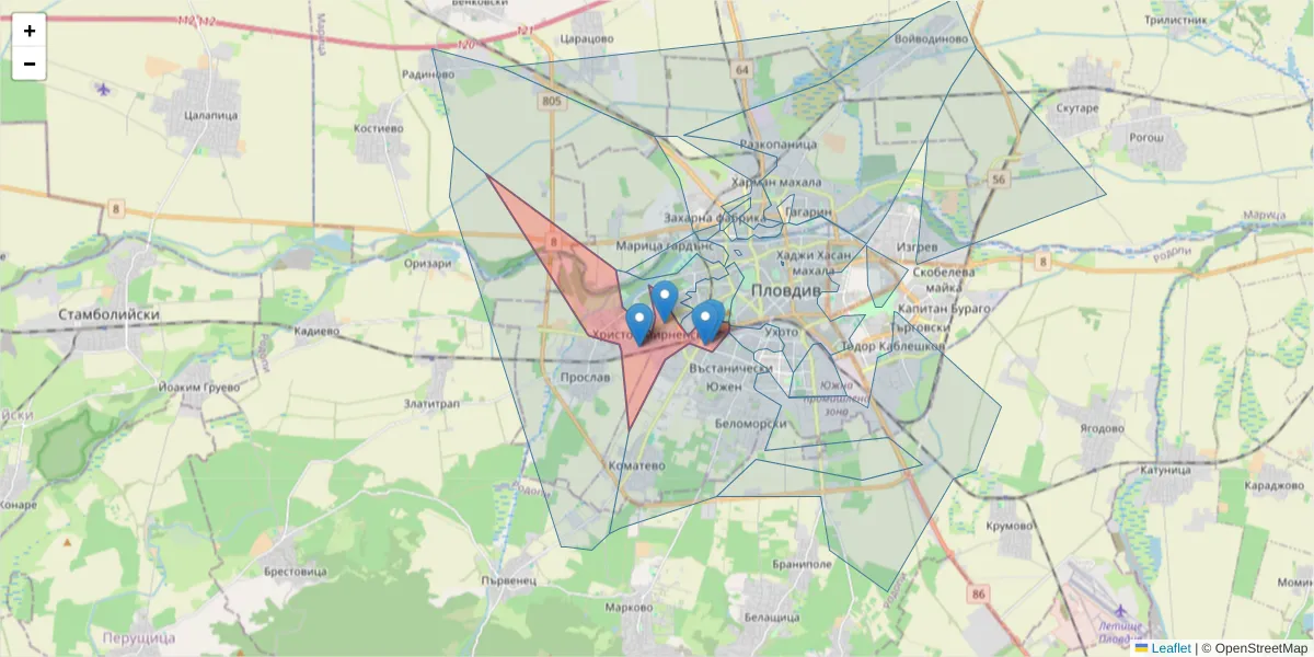 Карта на пощенски код  и съседните пощенски кодове в България