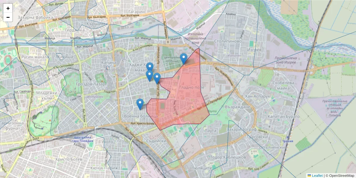 Карта на пощенски код  и съседните пощенски кодове в България