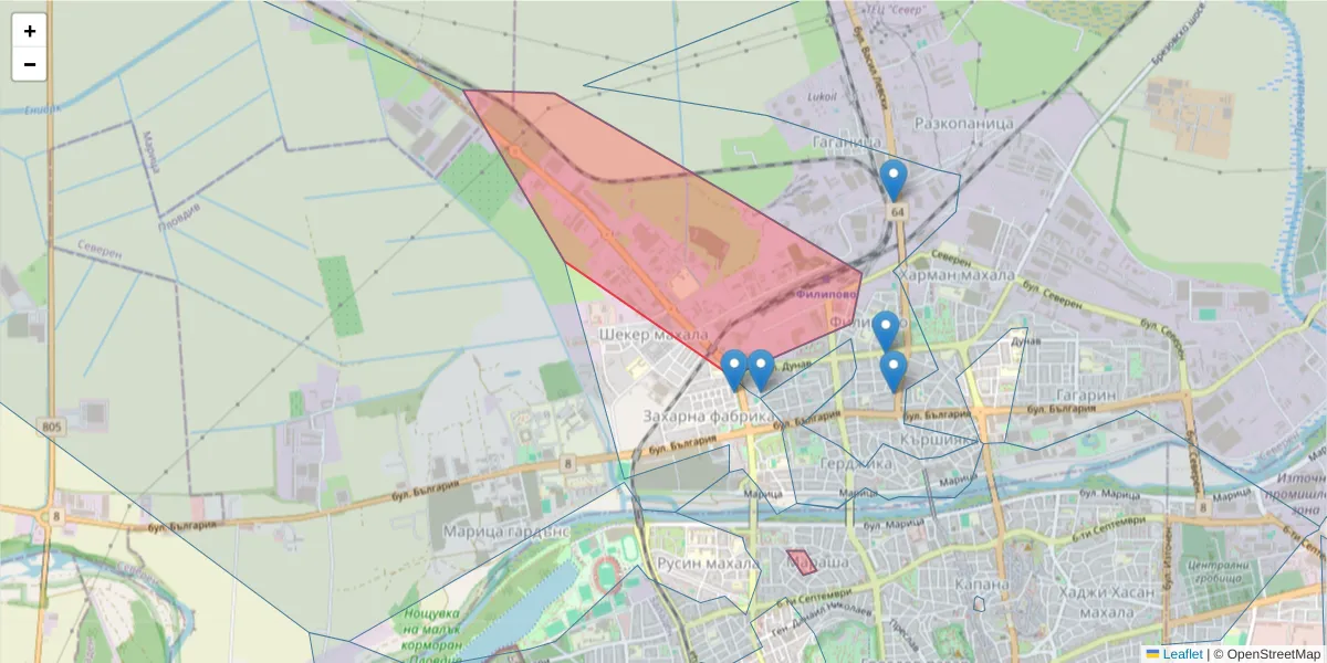 Карта на пощенски код  и съседните пощенски кодове в България